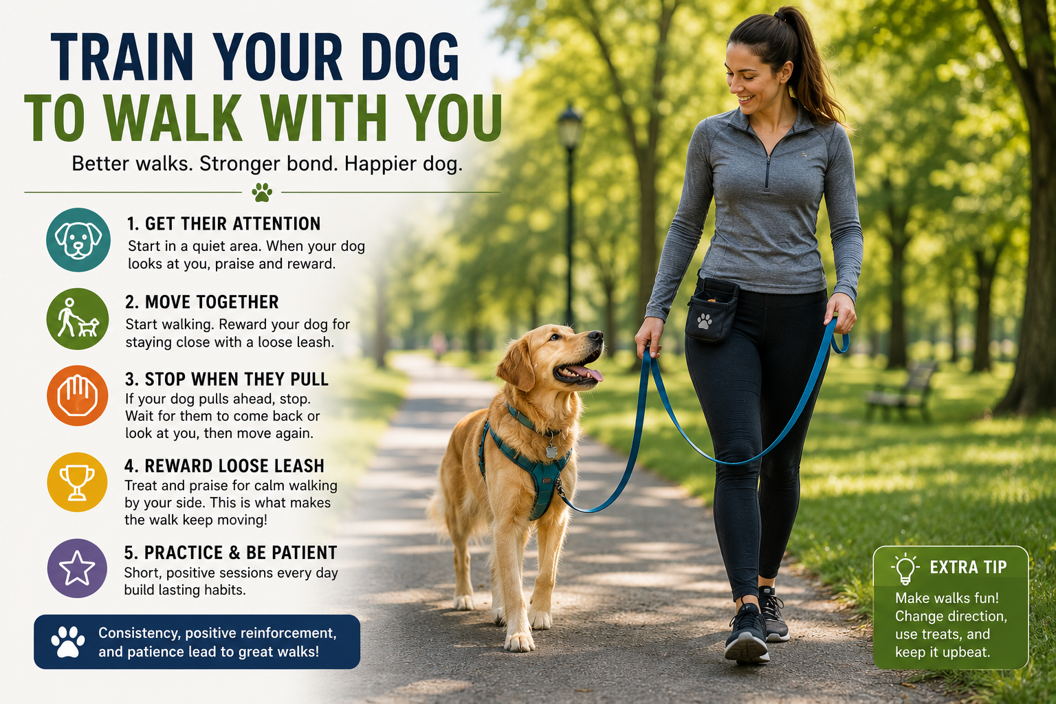 Dog walking calmly beside its owner on a loose leash