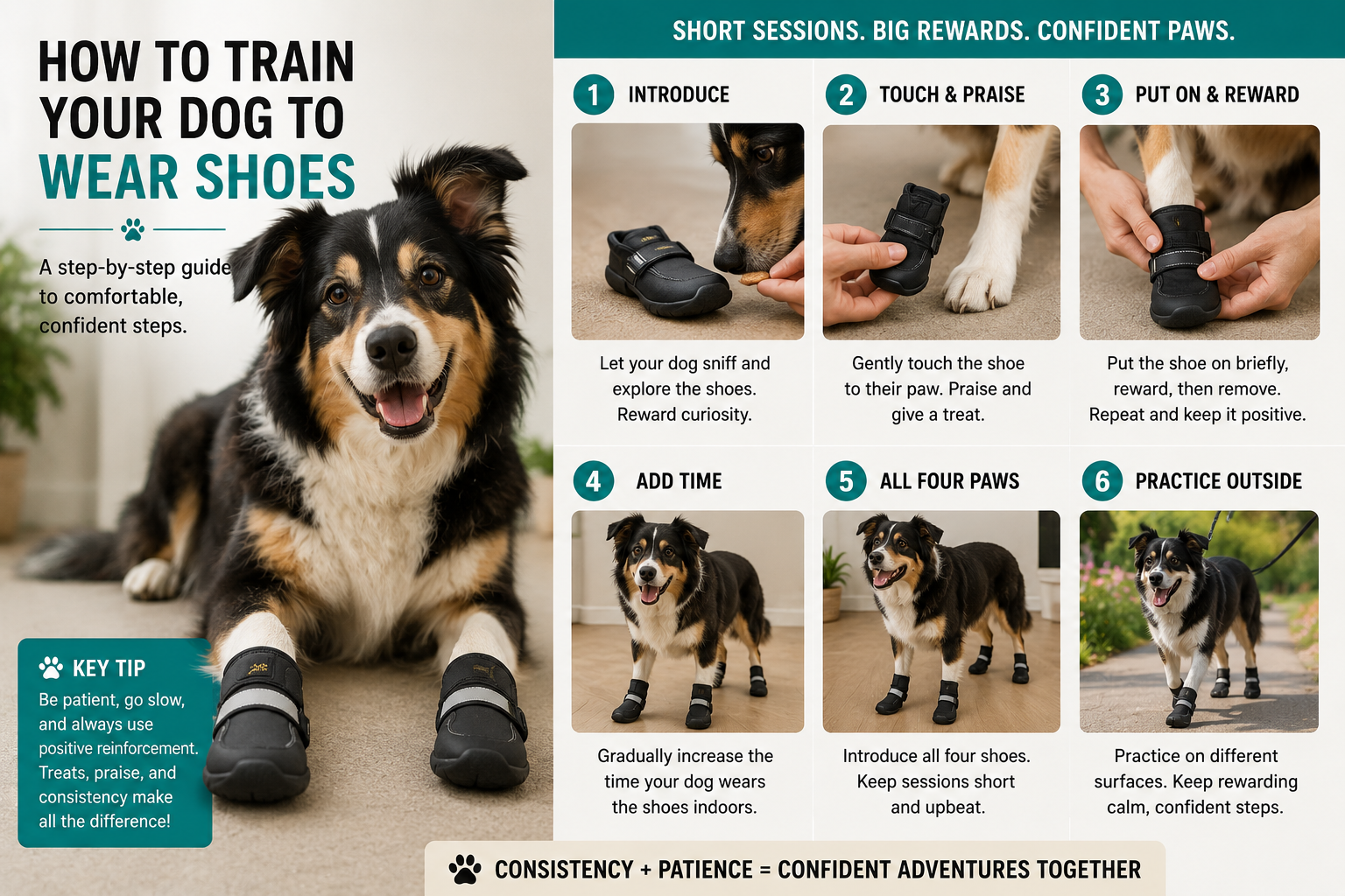 Dog wearing protective boots outdoors