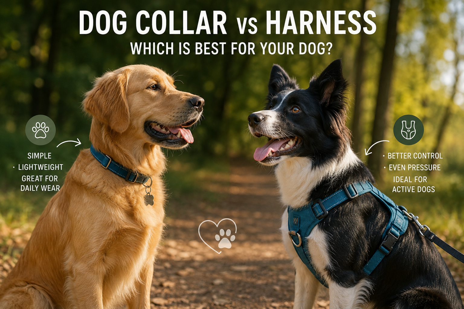 Dog wearing a walking harness beside a collar