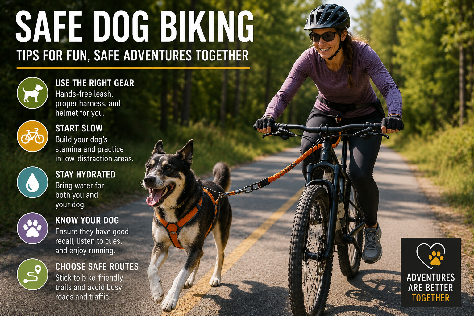 Cyclist riding beside a dog using a secure bike leash setup