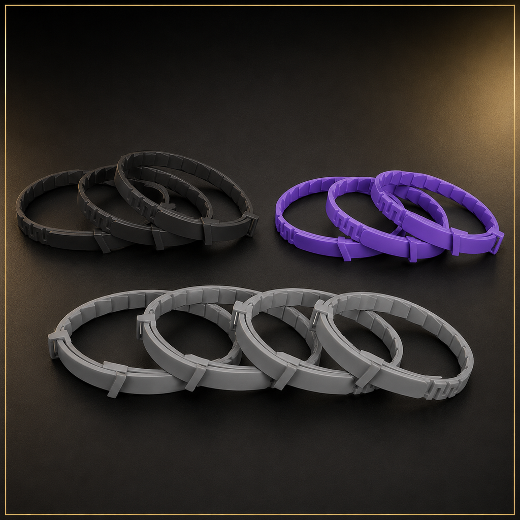 Three black dog collars three purple cat collars and four gray dog collars