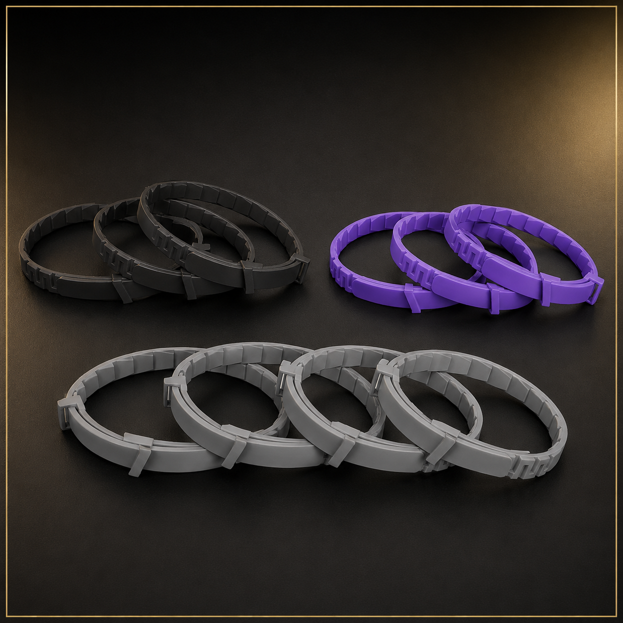 Three black dog collars three purple cat collars and four gray dog collars