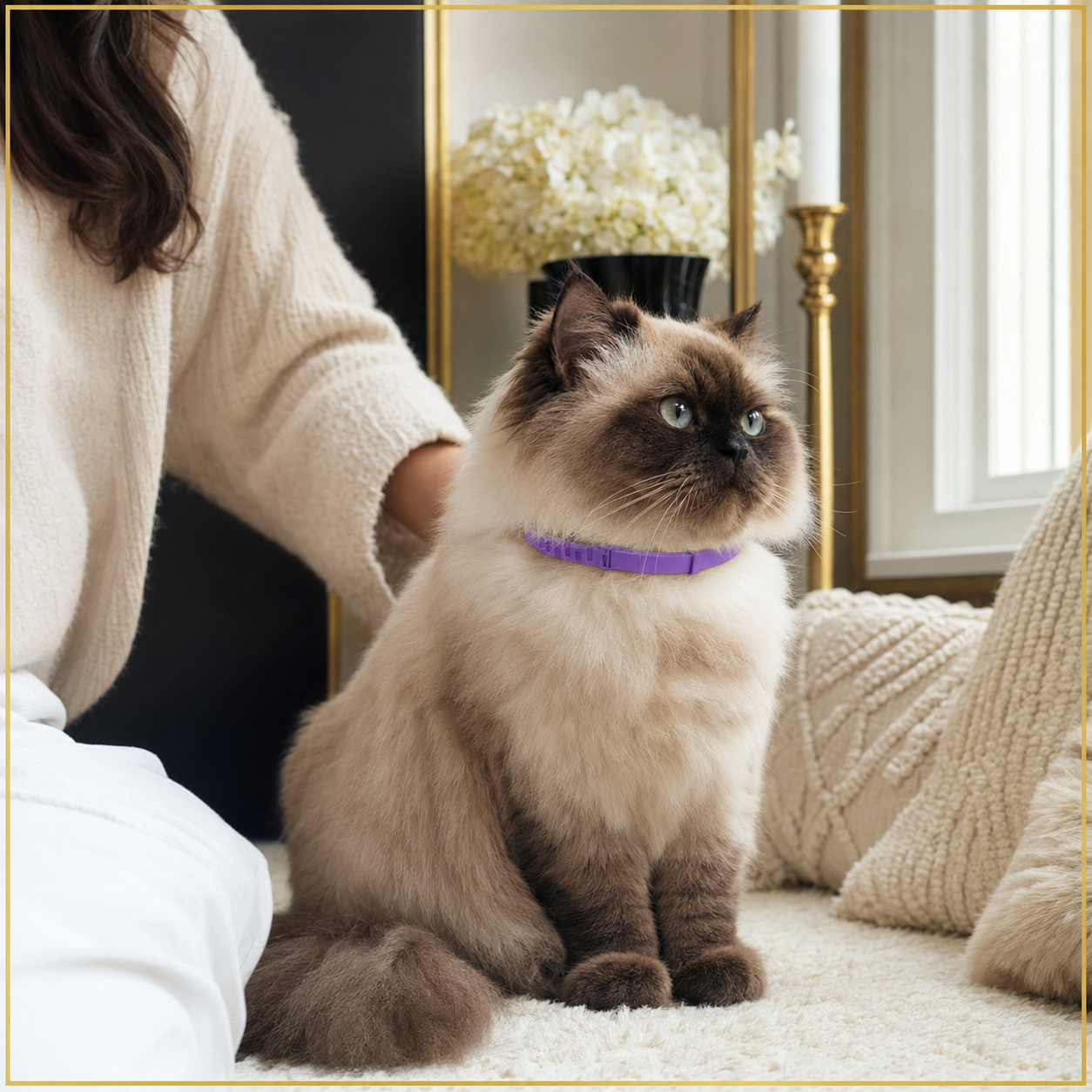 Himalayan cat wearing the purple Apex CalmWear comfort collar indoors