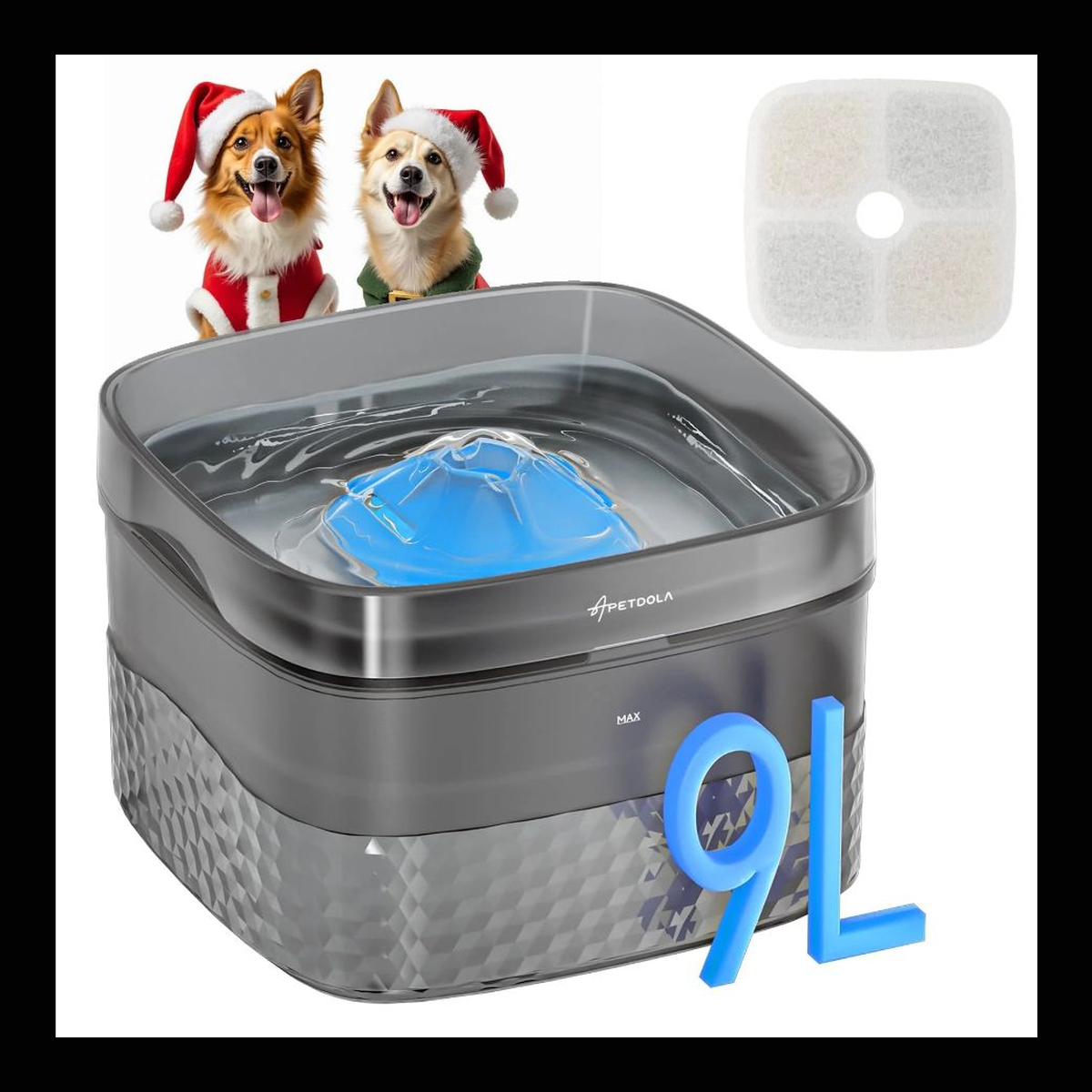 Apex FlowMax 9L low-splash pet water fountain with black brand border