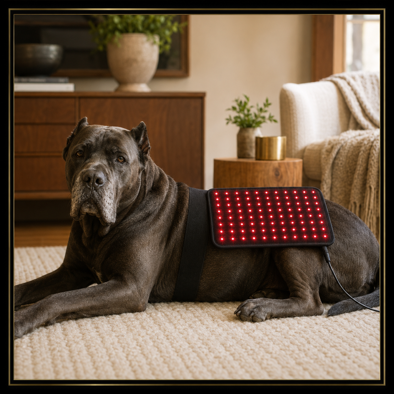 Cane Corso resting with Apex Restore red light recovery pad over the hip