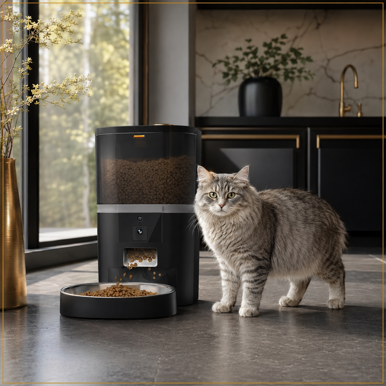 Gray tabby cat beside the black Apex VisionFeed smart feeder