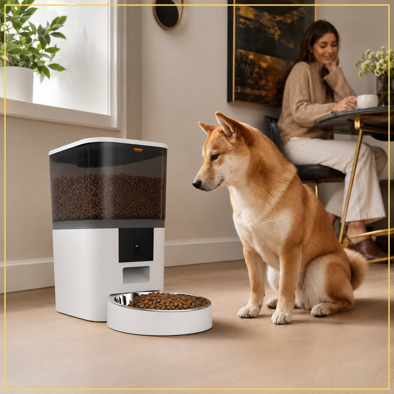 Shiba Inu beside the white Apex VisionFeed smart feeder