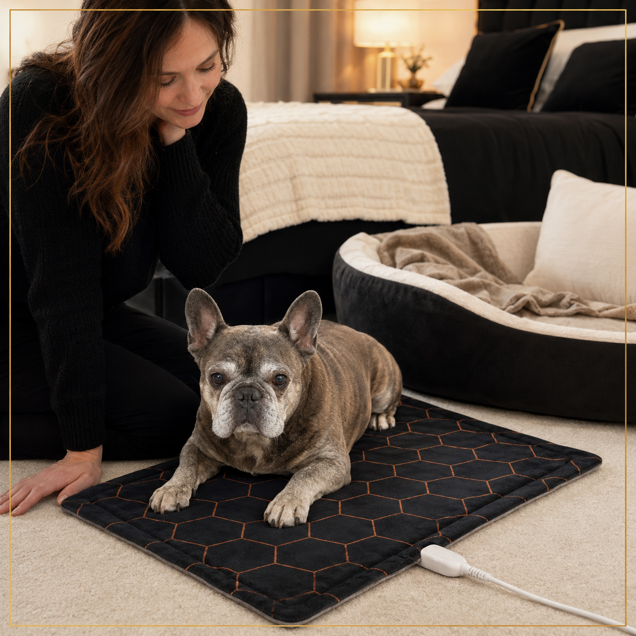 Senior French Bulldog resting on the Apex WarmRest comfort pad under supervision