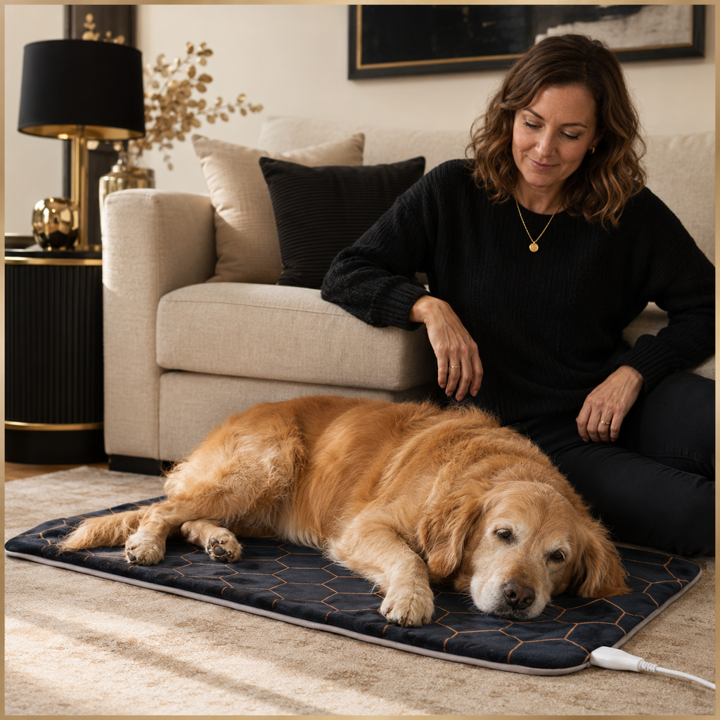 Senior Golden Retriever resting on the Apex WarmRest comfort pad under supervision