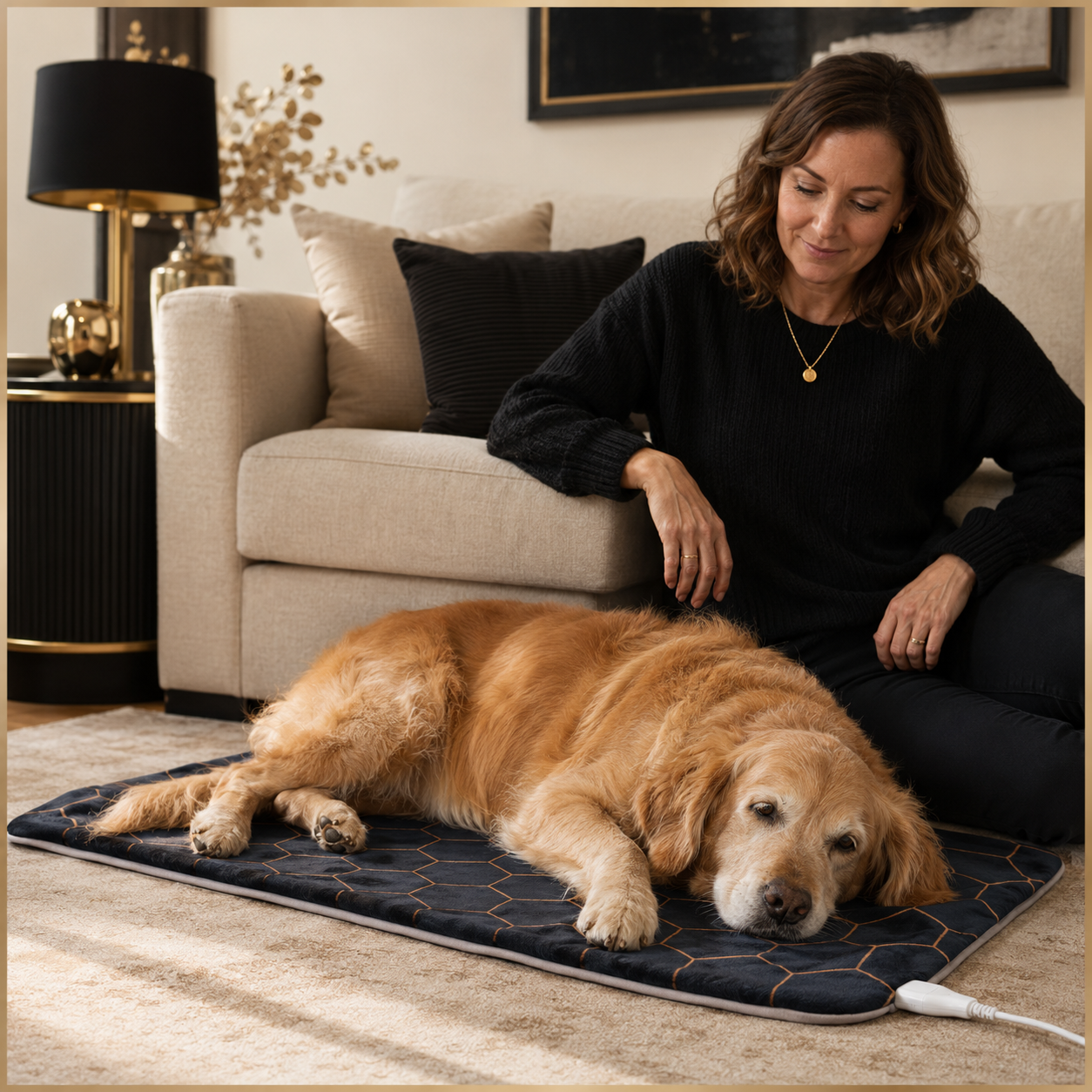 Senior Golden Retriever resting on the Apex WarmRest comfort pad under supervision